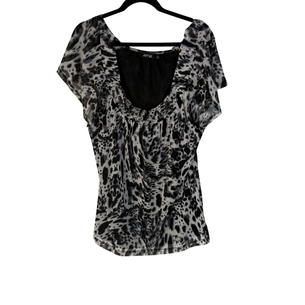 Apt 9 Y2k Black White Animal Print Beaded Neckline Short Sleeve Blouse Top L